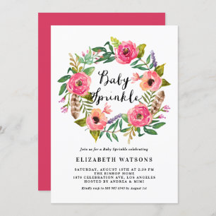 Invitación Boho Feathers Pink Floral Wreath Baby Sprinkle