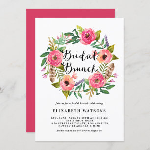 Invitación Boho Feathers Pink Floral Wreath Bridal Brunch