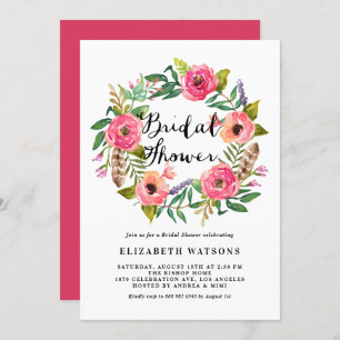 Invitación Boho Feathers Pink Floral Wreath Bridal Shower