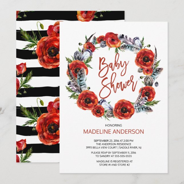 Invitación Boho Feathers Poppy Floral Fall Baby Shower (Anverso / Reverso)