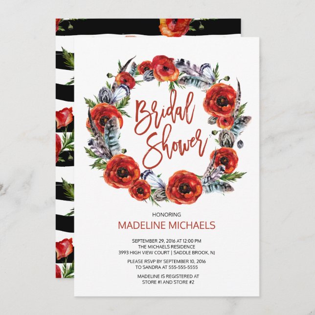 Invitación Boho Feathers Poppy Floral Fall Bridal Shower (Anverso / Reverso)