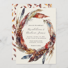 Invitación Boho Feathers Wreath Calligraphy Fall Wedding