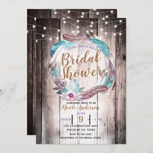 Invitación Boho Feathers Wreath & String Luces Brillantes Duc (Anverso / Reverso)