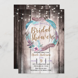 Invitación Boho Feathers Wreath & String Luces Brillantes Duc