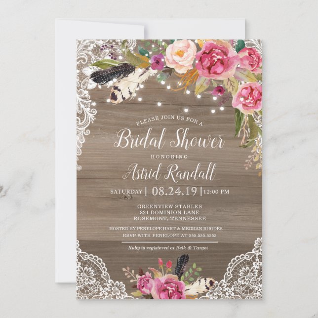 Invitación Boho Feathers y Lace Rustic Bridal o Baby Shower (Anverso)
