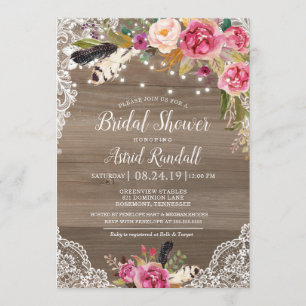 Invitación Boho Feathers y Lace Rustic Bridal o Baby Shower