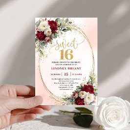 Invitación Boho Femenino Borgoña Dorado Floral Sweet Sixteen