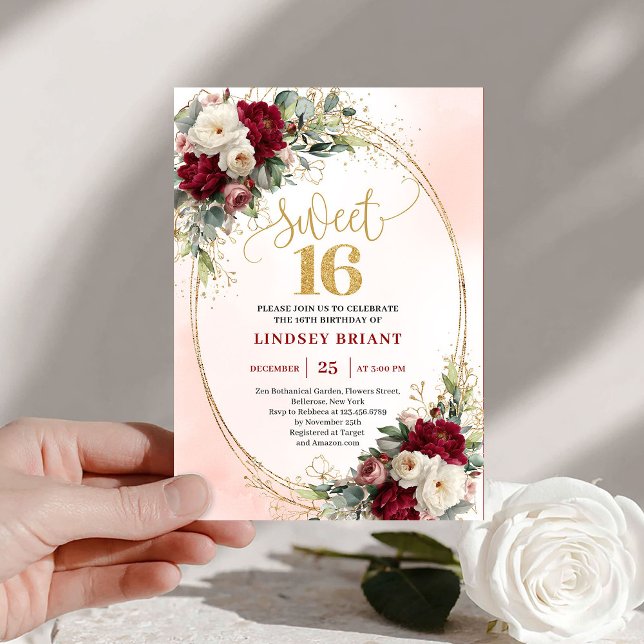 Invitación Boho Femenino Borgoña Dorado Floral Sweet Sixteen (Feminine Boho Burgundy Gold Floral Sweet Sixteen)