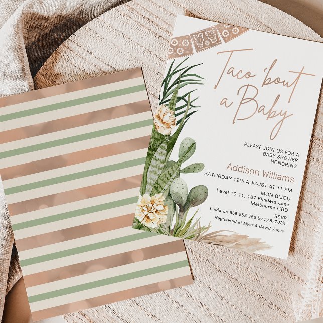Invitación Boho Fiesta Taco Neutral Sobre Un Bebé Baby Shower (Gender neutral taco 'bout a baby baby shower invitation featuring some cacti and beige flower.)