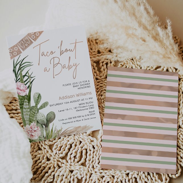Invitación Boho Fiesta Taco sobre un bebé Baby Shower (Boho floral Taco 'bout a baby baby shower invitation featuring a faux rose gold heading and banner.)