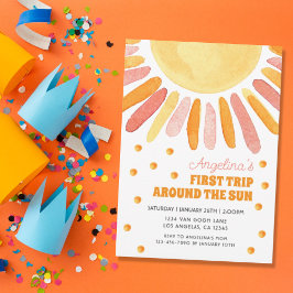 Invitación Boho First Trip Around the Sun Birthday Watercolor