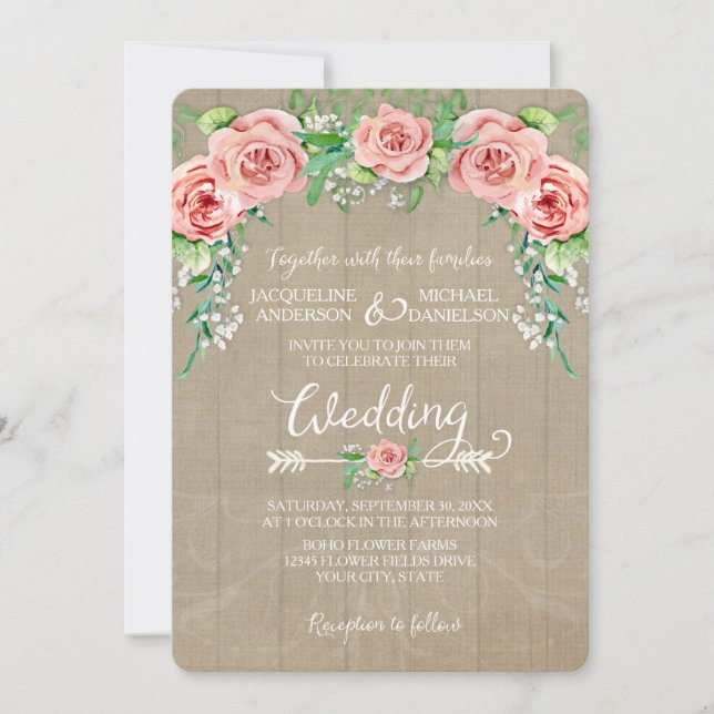 Invitación BOHO Flor Crown Baby's Breath Barn Wood Boards (Anverso)