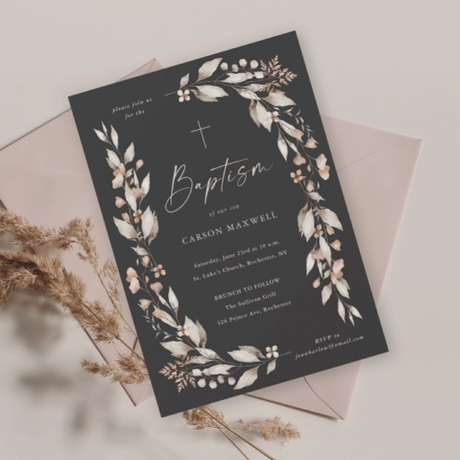 Invitación Boho Flor Floral Género Bautismo Neutral (Boho wildflower elegant gender neutral baptism christening invitation.)