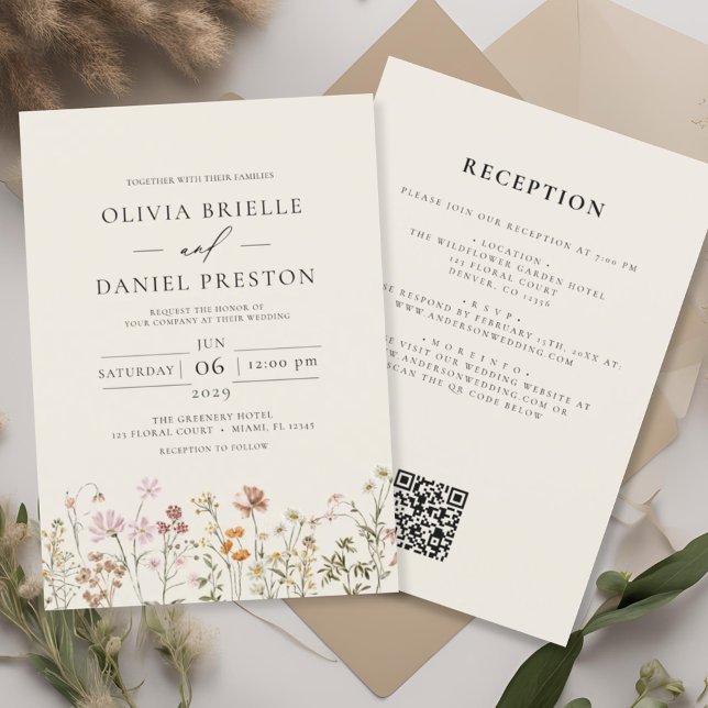 Invitación Boho Flor Silvestre Beige Todo en Uno Código QR Bo (Subido por el creador)