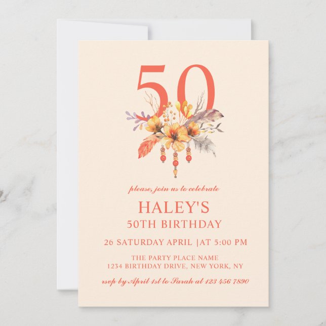 Invitación Boho Flor silvestre caída otoño floral 50º cumplea (Anverso)