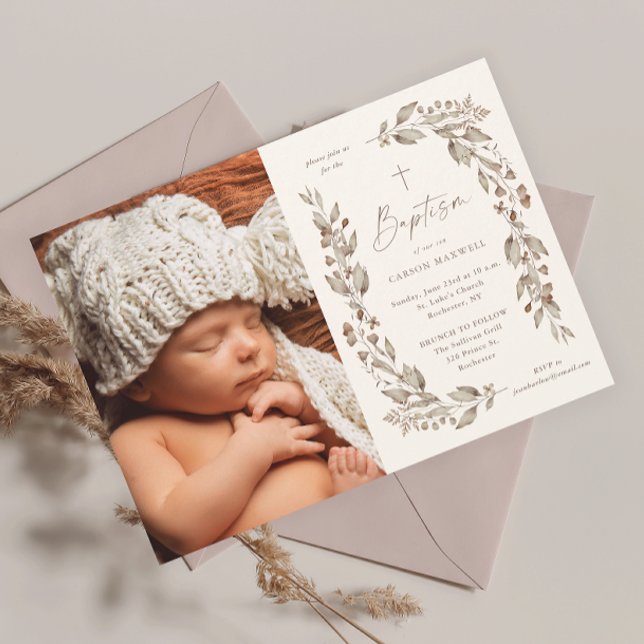 Invitación Boho Flor silvestre Género Bautismo fotográfico ne (Boho wildflower elegant ivory gender neutral photo baptism invitation.)