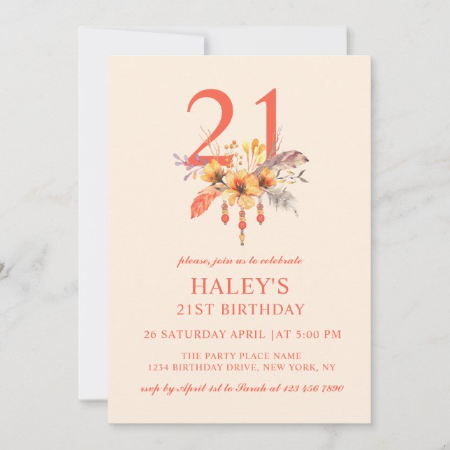 Invitación Boho Flor silvestre otoño floral otoño 21º cumplea (Anverso)