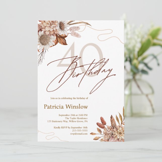 Invitación Boho Floral 40 cumpleaños (Anverso de pie)