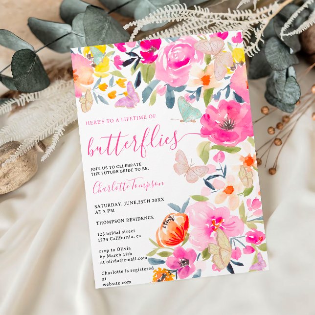 Invitación Boho floral acuarela mariposas ducha de novia (Boho floral watercolor butterflies bridal shower invitation)