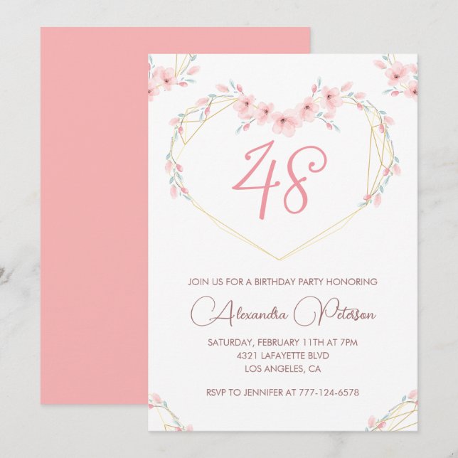 Invitación Boho floral acuarela rosa cumpleaños 48 (Anverso / Reverso)