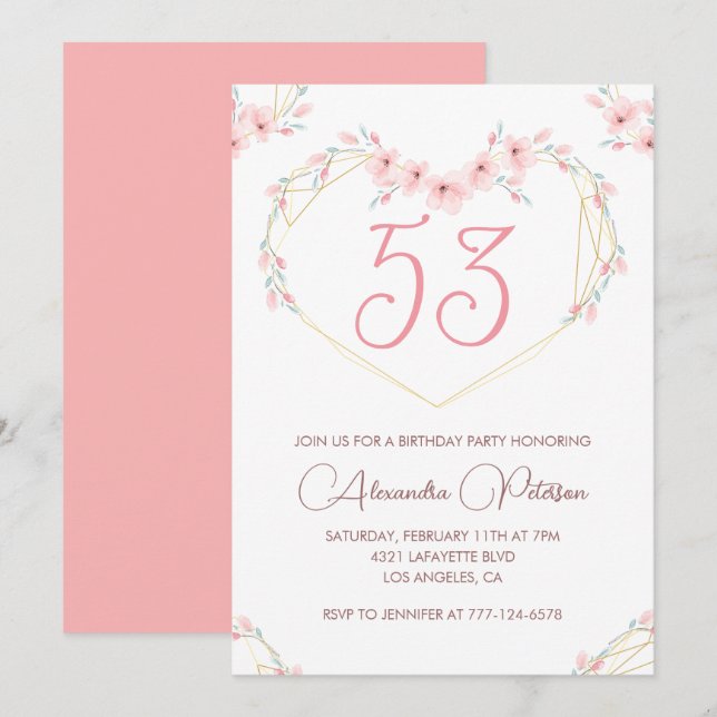 Invitación Boho floral acuarela rosa cumpleaños 53  (Anverso / Reverso)