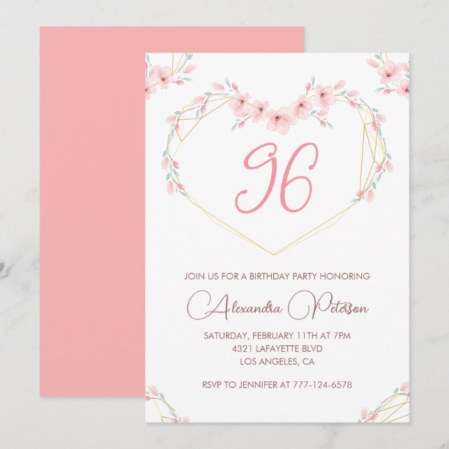 Invitación Boho floral acuarela rosa cumpleaños 96 (Anverso / Reverso)