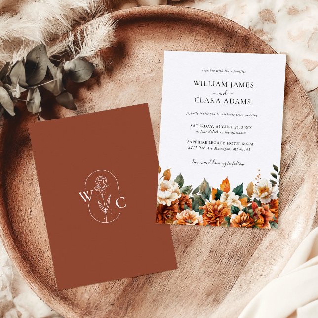 Invitación Boho Floral acuarela Terracotta Monograma Boda (Subido por el creador)