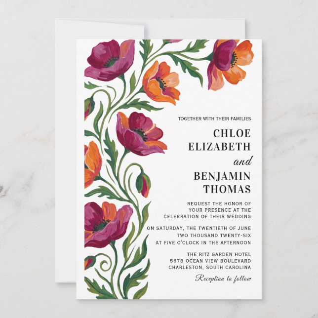 Invitación Boho Floral Amapola Pintada a Mano Boda (Anverso)