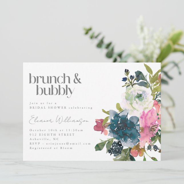 Invitación Boho Floral Azul Rosa Bridal Brunch Bubbly Shower (Anverso de pie)