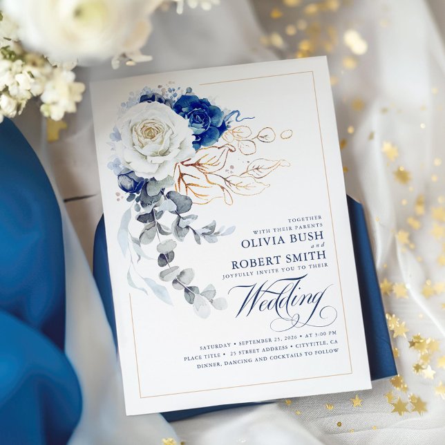 Invitación Boho Floral Azul y Blanco Boho Boda Elegante de Or (Navy Blue and White Floral Wedding Invitation)