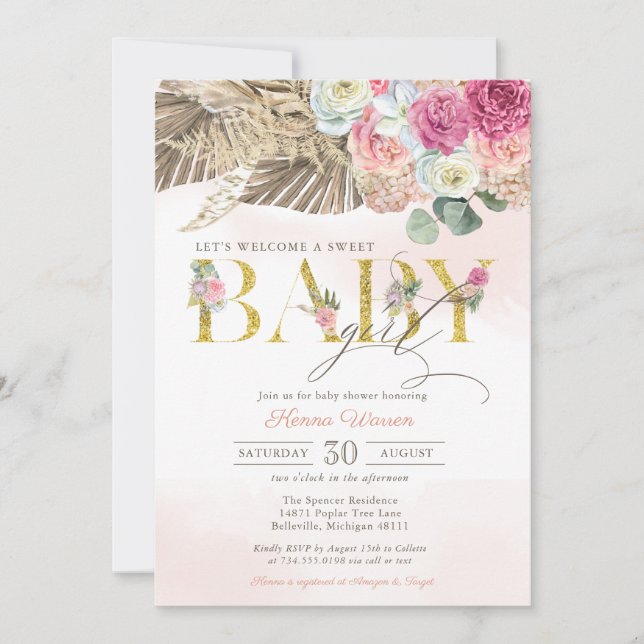 Invitación Boho Floral BABE Pampas y Palm Chica Baby Shower e (Anverso)