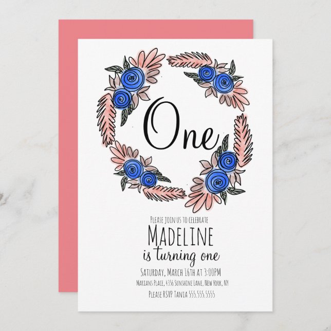 Invitación Boho Floral Baby First Birth Botanday Wreath (Anverso / Reverso)