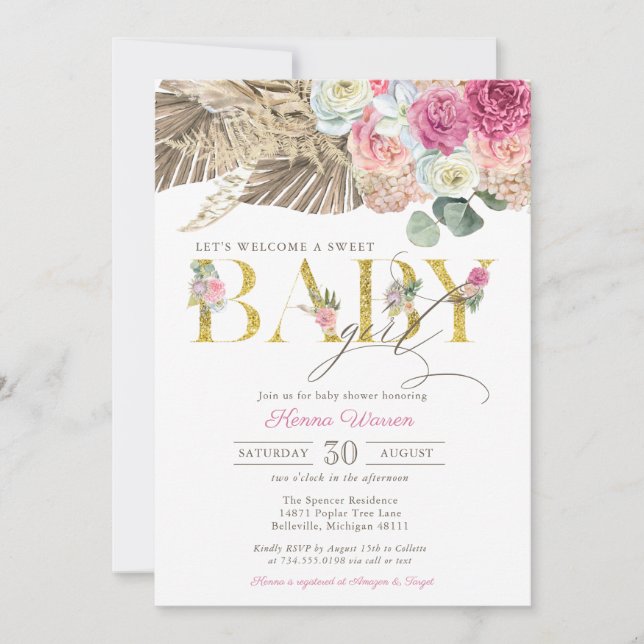 Invitación Boho Floral BABY Pampas y Palm Chica Baby Shower (Anverso)
