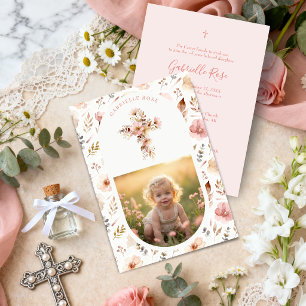 Invitación Boho Floral Baptism Dusty Pink Photo LPM26