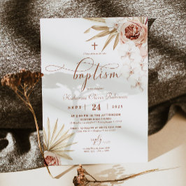 Invitación Boho Floral Baptism Invitation Optional Photo Back