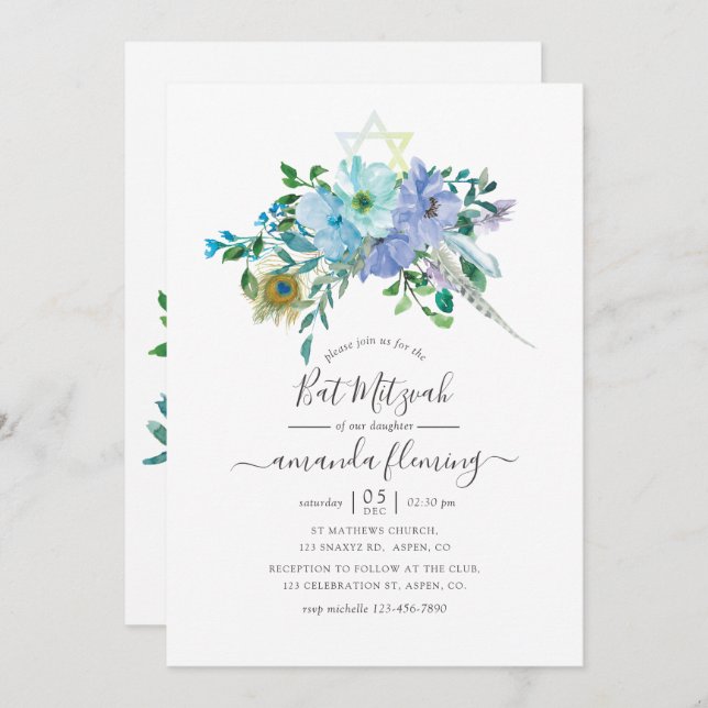 Invitación Boho Floral Bat Mitzvah (Anverso / Reverso)