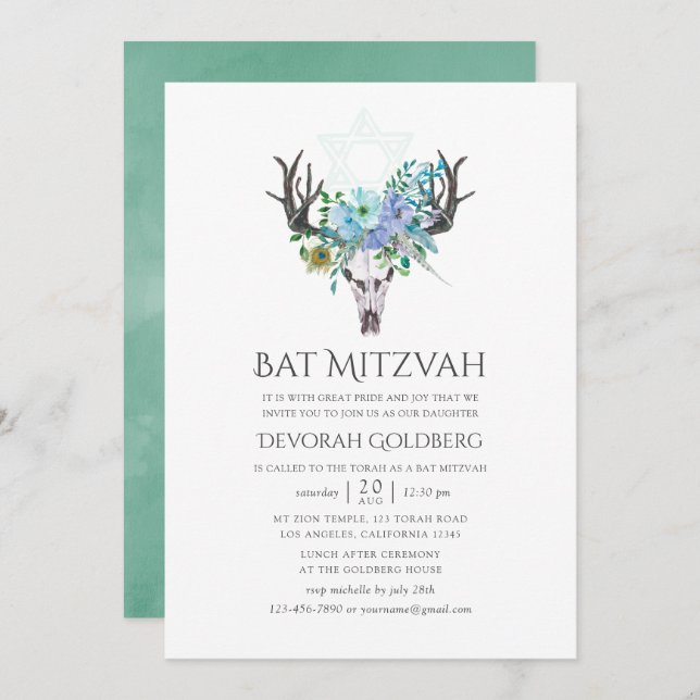 Invitación Boho Floral Bat Mitzvah (Anverso / Reverso)