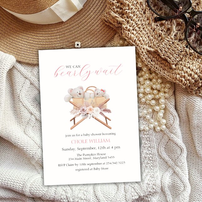 Invitación Boho Floral Bear Bassinet Chica Baby Shower (Boho Floral Bear Bassinet Girl Baby Shower Invitation)