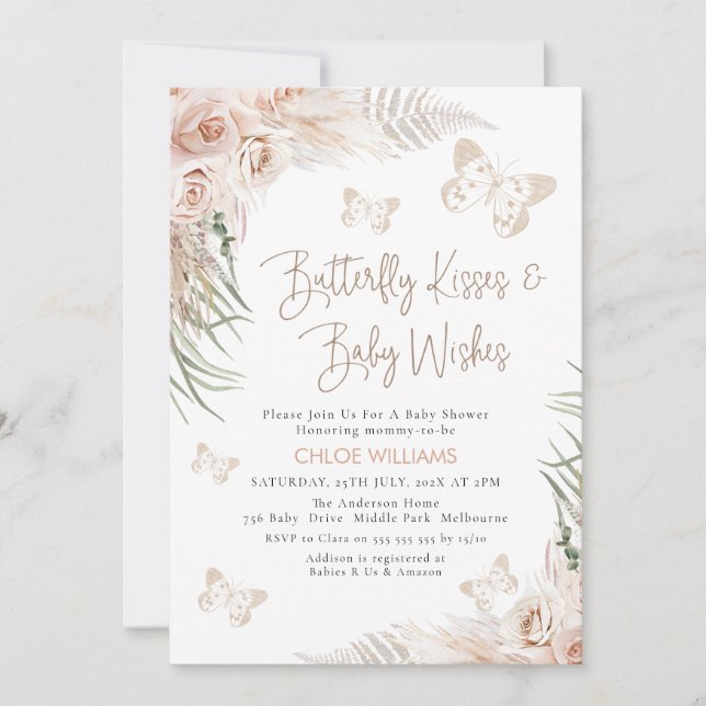 Invitación Boho Floral Beige Butterfly besa Baby Shower (Anverso)