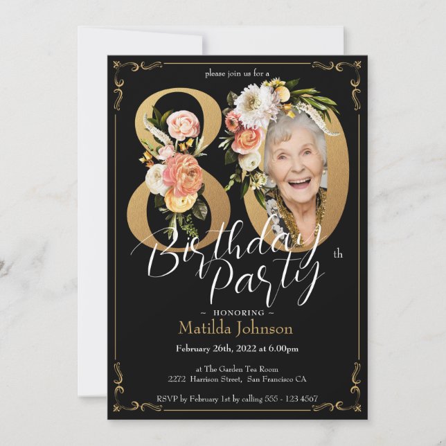 Invitación Boho Floral Black Gold Photo 80th Birthday Party (Anverso)