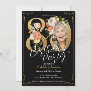 Invitación Boho Floral Black Gold Photo 80th Birthday Party