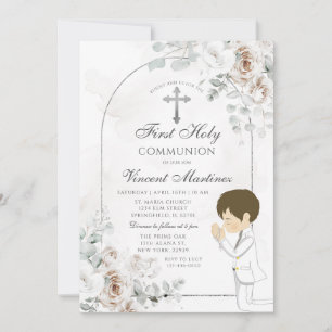 Invitación Boho Floral Blanco Cruz de Plata Niño Rezando Baut