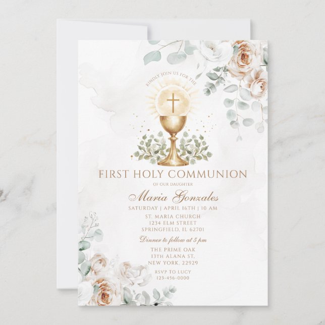 Invitación Boho Floral Blanco Eucaristía Primera Comunión (Anverso)