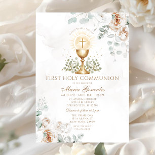Invitación Boho Floral Blanco Eucaristía Primera Comunión