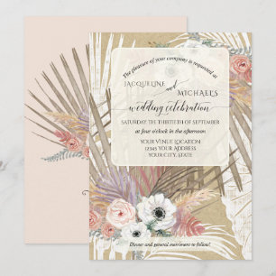 Invitación BOHO Floral Blanco Rústico Hierba Pampas Tropical