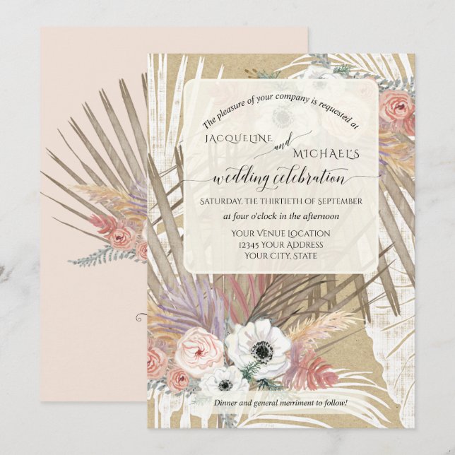 Invitación BOHO Floral Blanco Rústico Hierba Pampas Tropical (Anverso / Reverso)