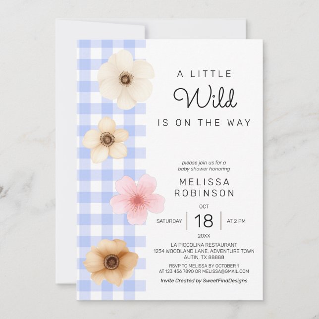 Invitación Boho Floral Blossom Blue Gingham Baby Shower (Anverso)