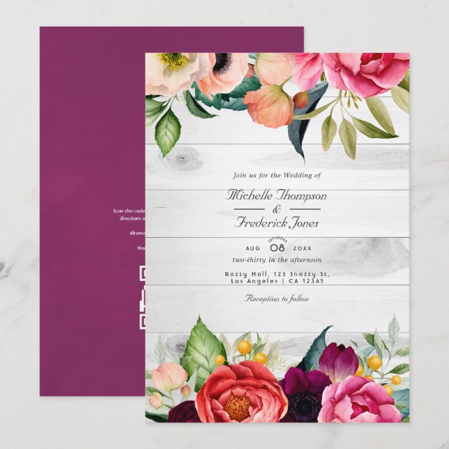 Invitación Boho Floral Bohemiano Rústico Código QR RSVP Boda  (Anverso / Reverso)