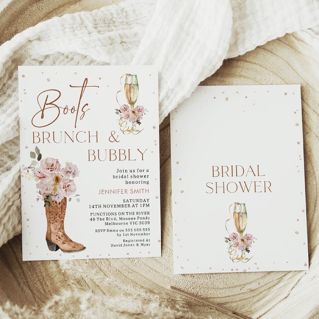 Invitación Boho Floral Boot Brunch Bubble Bridal Shower (Boots brunch and bubbly bridal shower invitation in a bohemian style with cowboy boots and glass.)