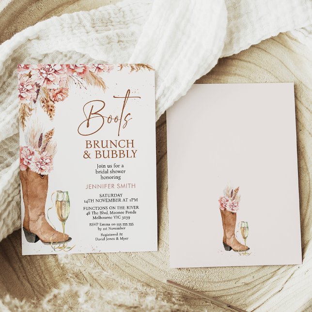 Invitación Boho Floral Boots Brunch Bubbly Bridal Shower (Blush boho floral boots, brunch and bubbly bridal shower invitation in a rustic style with glass)